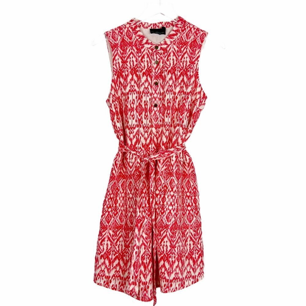 Cynthia Rowley Mini Dress Women's Size 6 Red Ivory Ikat Print 100% Linen Pockets